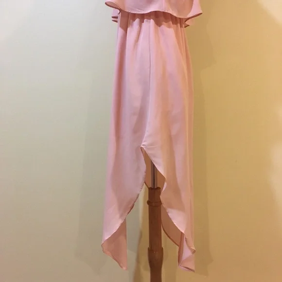Ruffled Overlay Long Side Slits Spaghetti Strap Tie Front Blush Dress - Picture 5 of 7